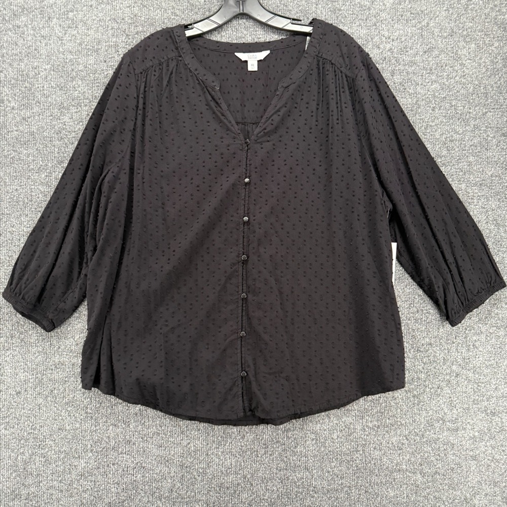 Croft Barrow Blouse Top 2XL Black Button Up V-Neck Casual Whimsigoth Boho Hippie
